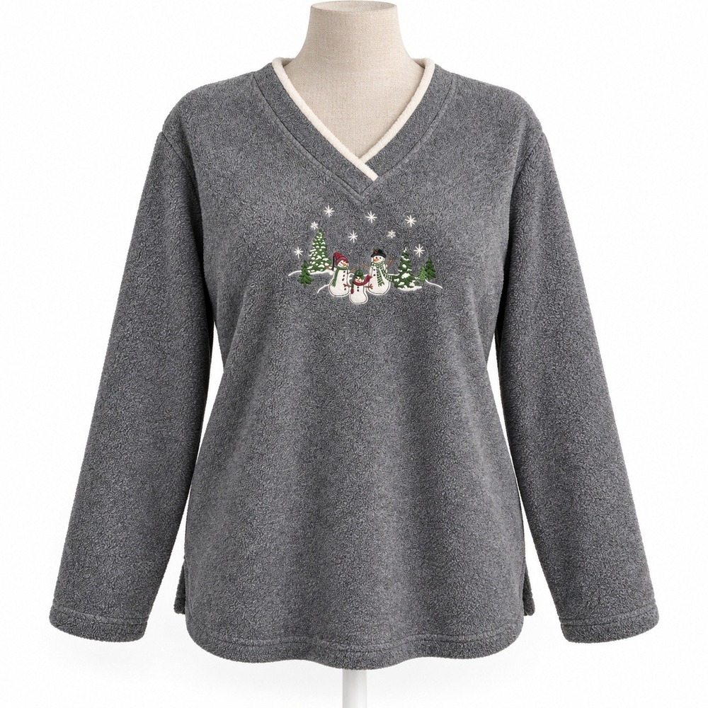Vintage Fleece Snowman Embroidered Sweatshirt Size XL Gray Holiday Christmas